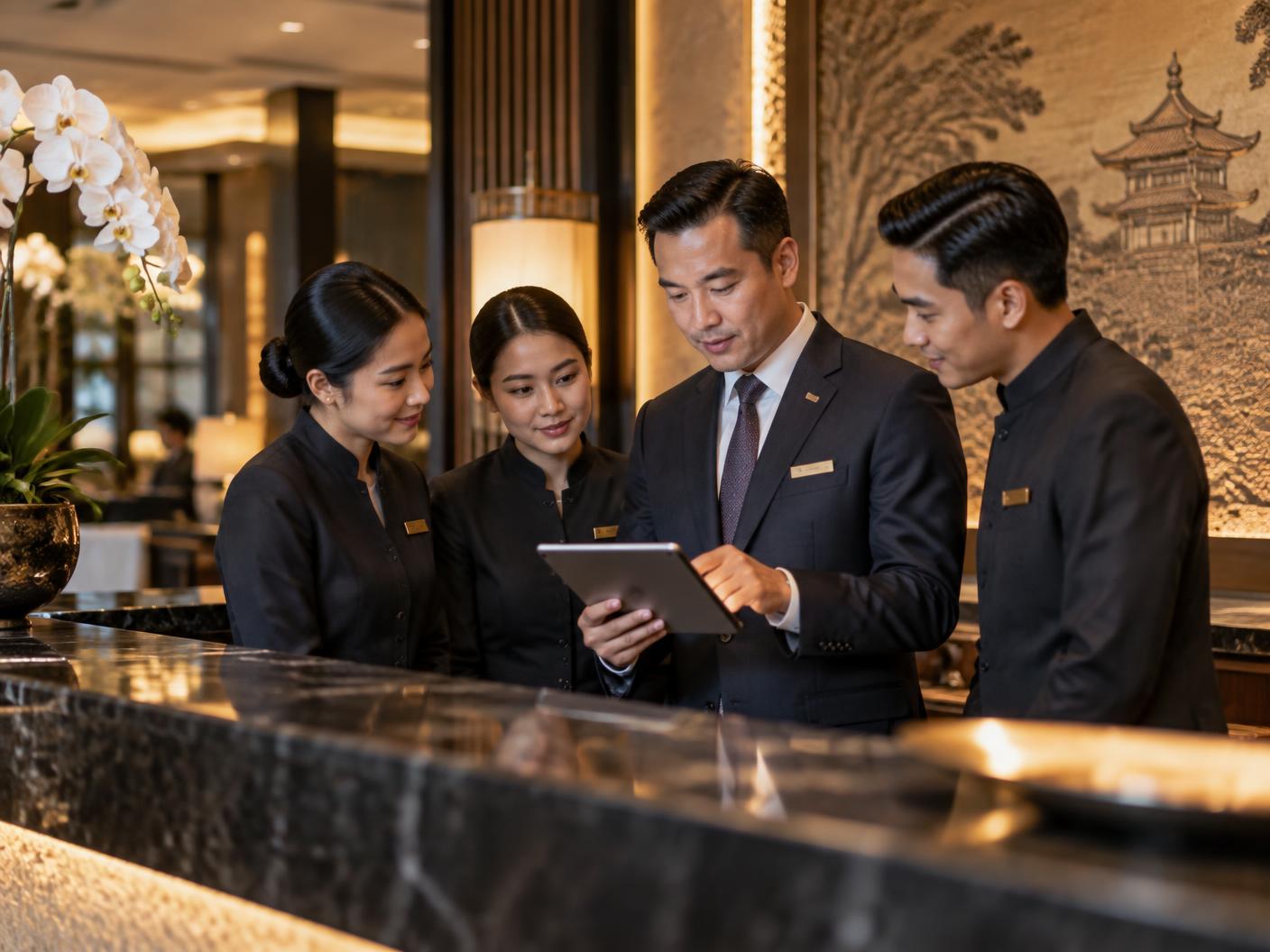 Hotel front office team reviewing figures on a tablet behind the reception desk
