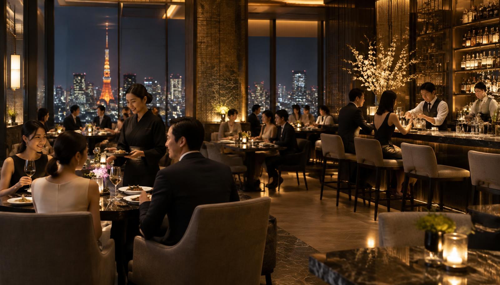 Hotel restaurant and bar in the evening with guests and staff