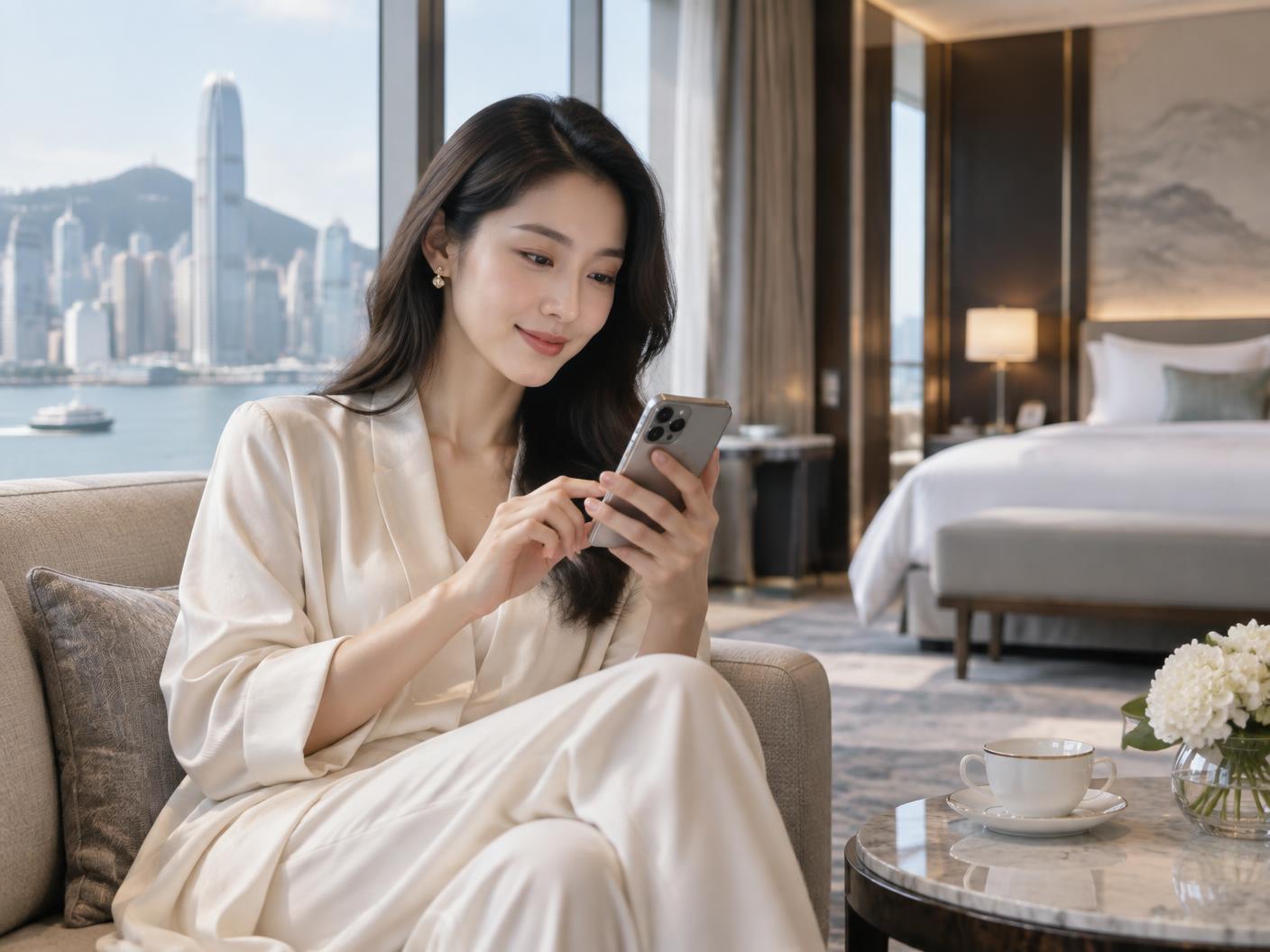 Hotel guest booking a room on a smartphone in a suite
