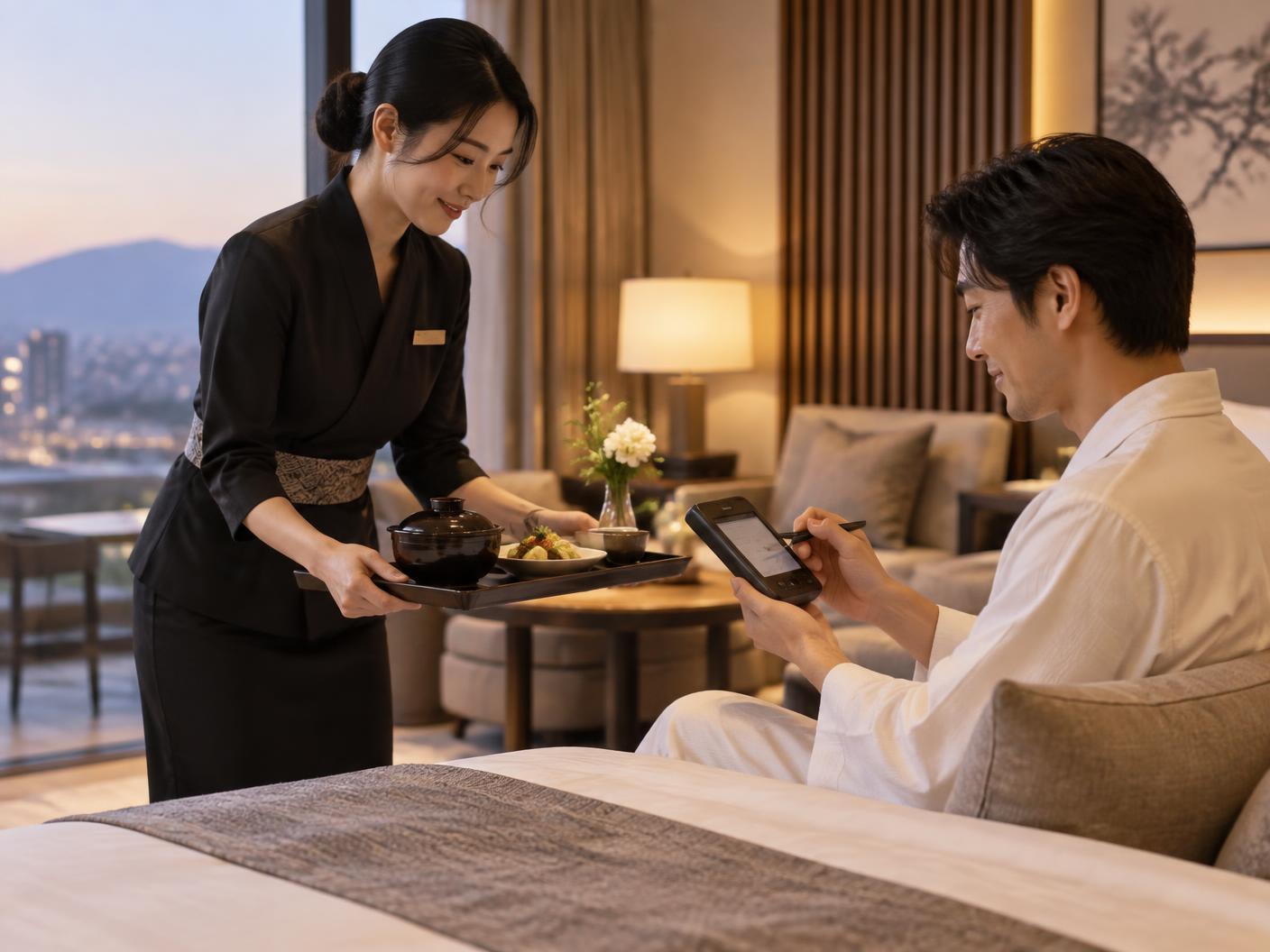 Hotel staff serving a guest in a suite while the guest confirms a charge on a handheld device